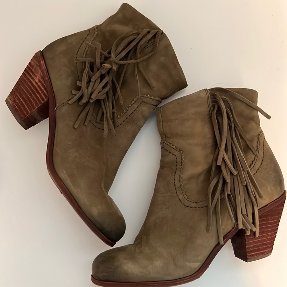 Sam Edelman green fringe ankle boots